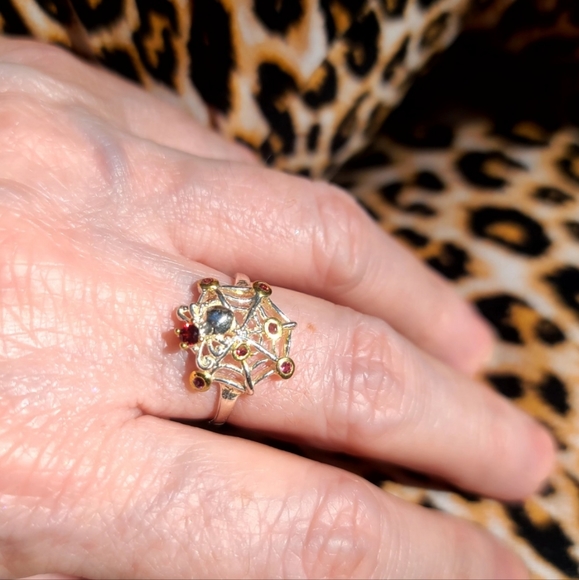 Red Tourmaline & Garnet sleek sterling spider 🕷 on 🕸 web ring sz 8 - Picture 6 of 14